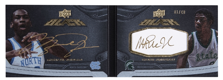 2012/13 "Exquisite Collection" UD Black "Dual Autograph" #L-JJ Michael Jordan/Magic Johnson Dual Signed Patch College Logo Booklet (#01/40)